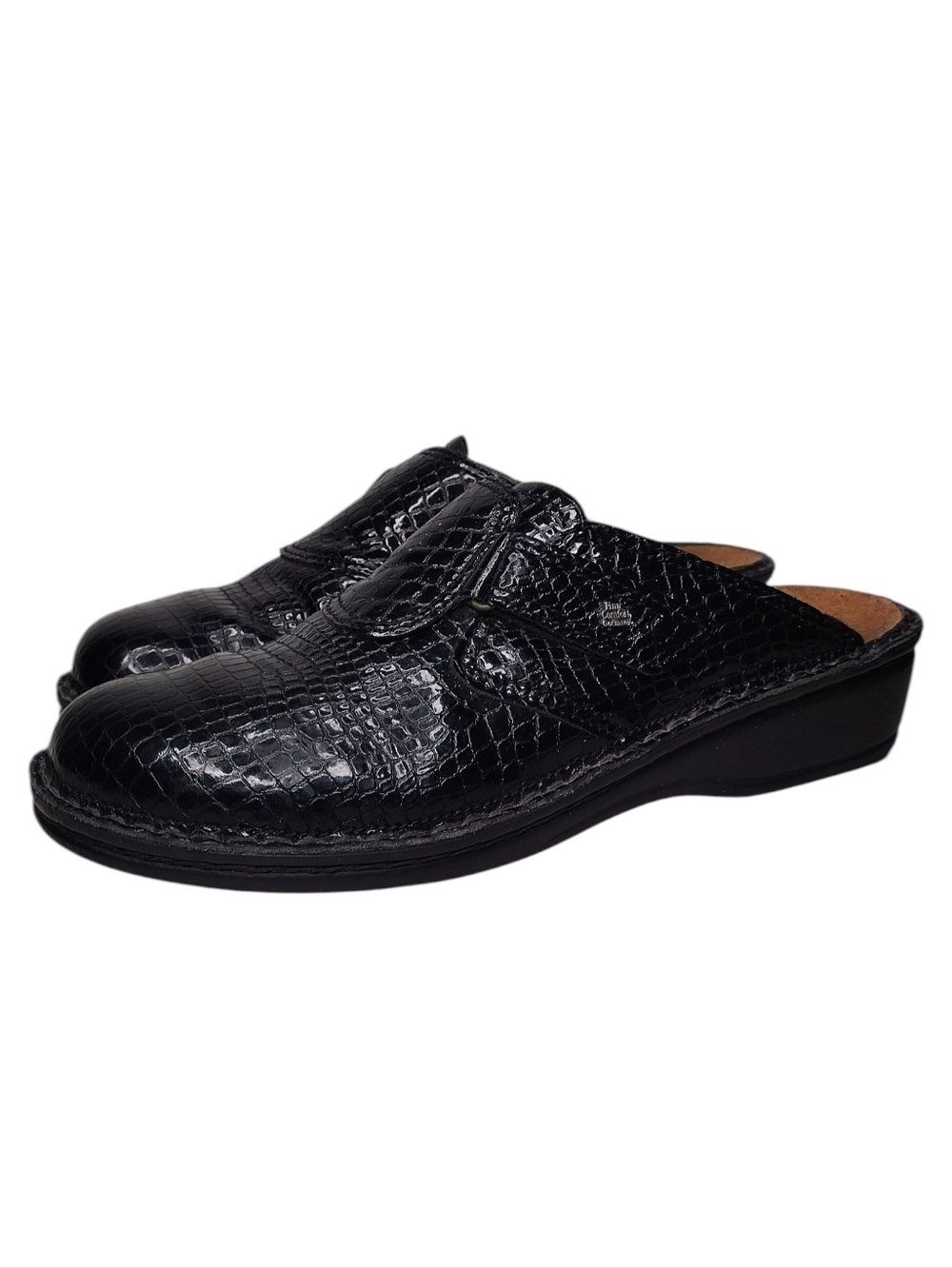 Finn Comfort Black Croc-Embossed Leather Slip-On Clogs Sz 11